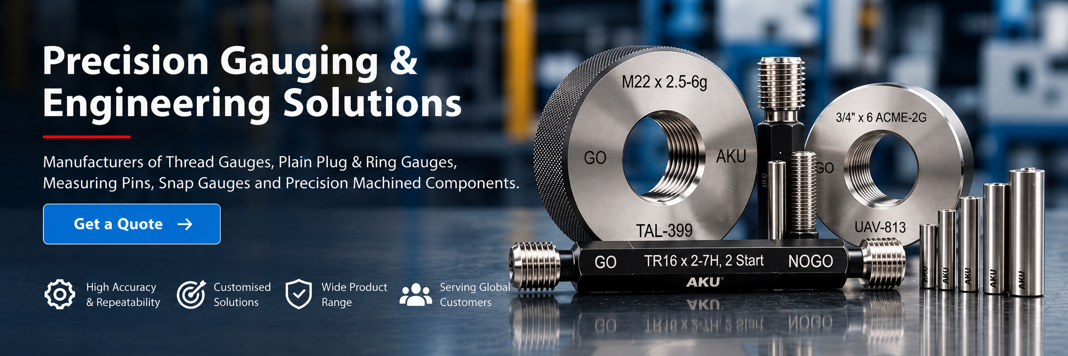 Approved AKU homepage hero: Precision Gauging for Accurate Inspection with industrial gauges and original reflections